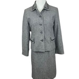 Vintage Pendleton Wool Silk Tweed Style Skirt Suit Leather Trim Black Small